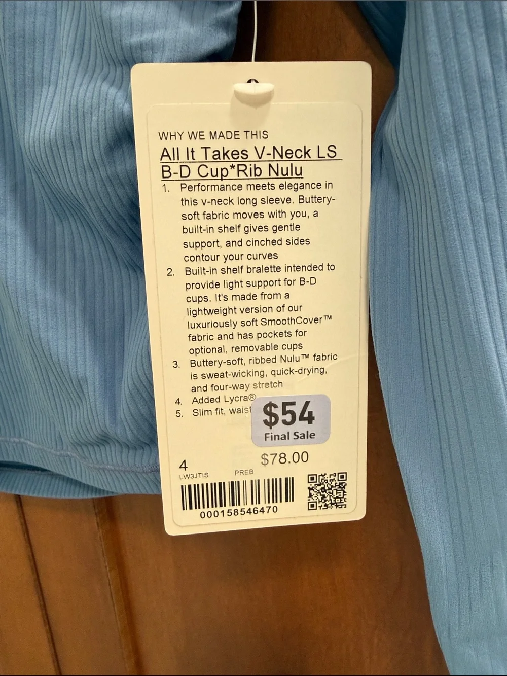 lululemon athletica NWT All It Takes V-Neck Long Sleeve B-D Cup Rib Nulu Sz 4